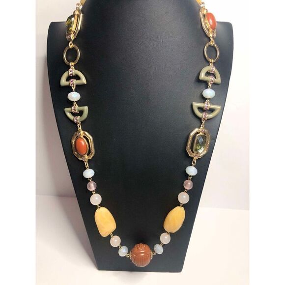 979 CHICO'S gold tone agate beaded station statement necklace 32-36" - Picture 1 of 3